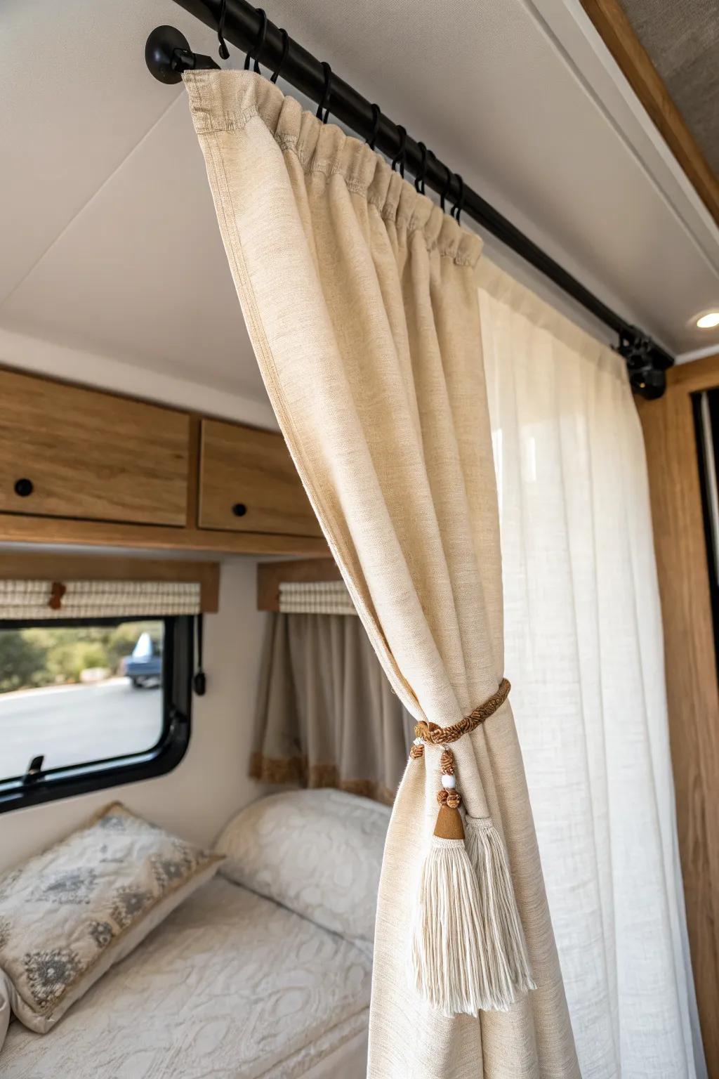 A simple linen curtain adds instant privacy and a bedroom feel to your RV bed.