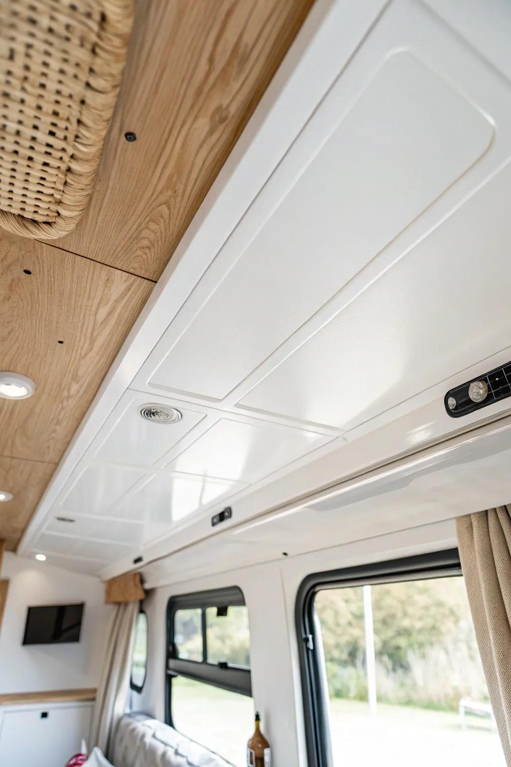Wipeable satin ceiling finish—bright, clean, and road-dust friendly for RV living.