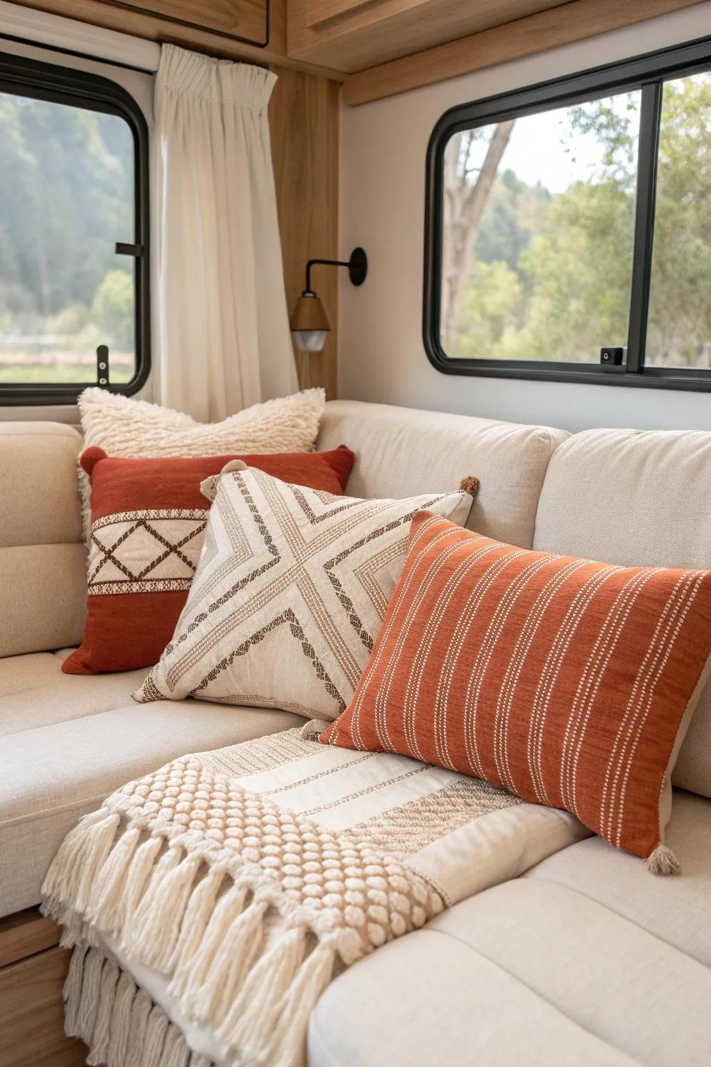 Layered neutral throw pillows soften an RV couch—tiny living room vibes in minutes.
