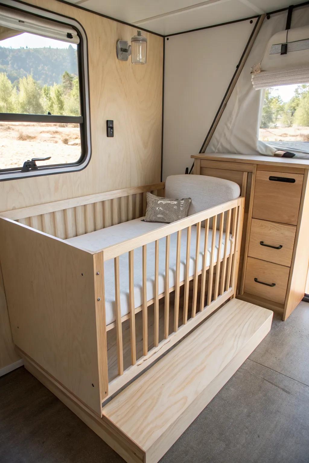 A compact RV crib on a custom corner platform—level, stable, and beautifully minimalist.