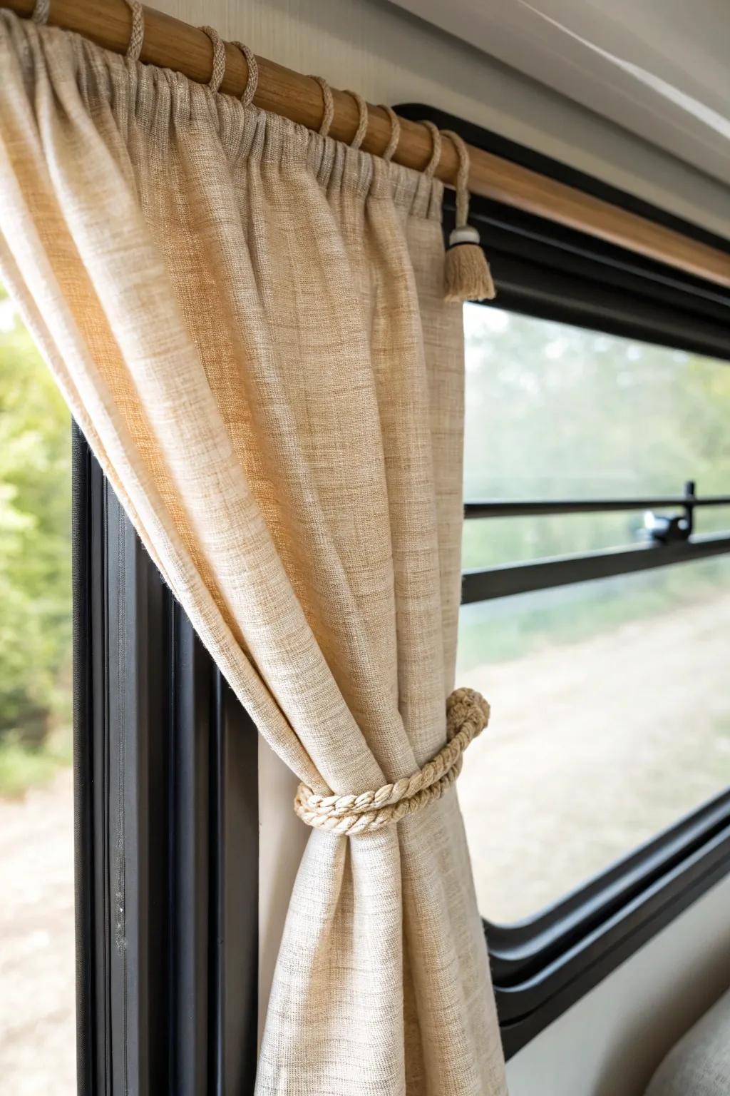 Textured linen neutrals instantly soften RV windows—cozy, calm, and clutter-free.