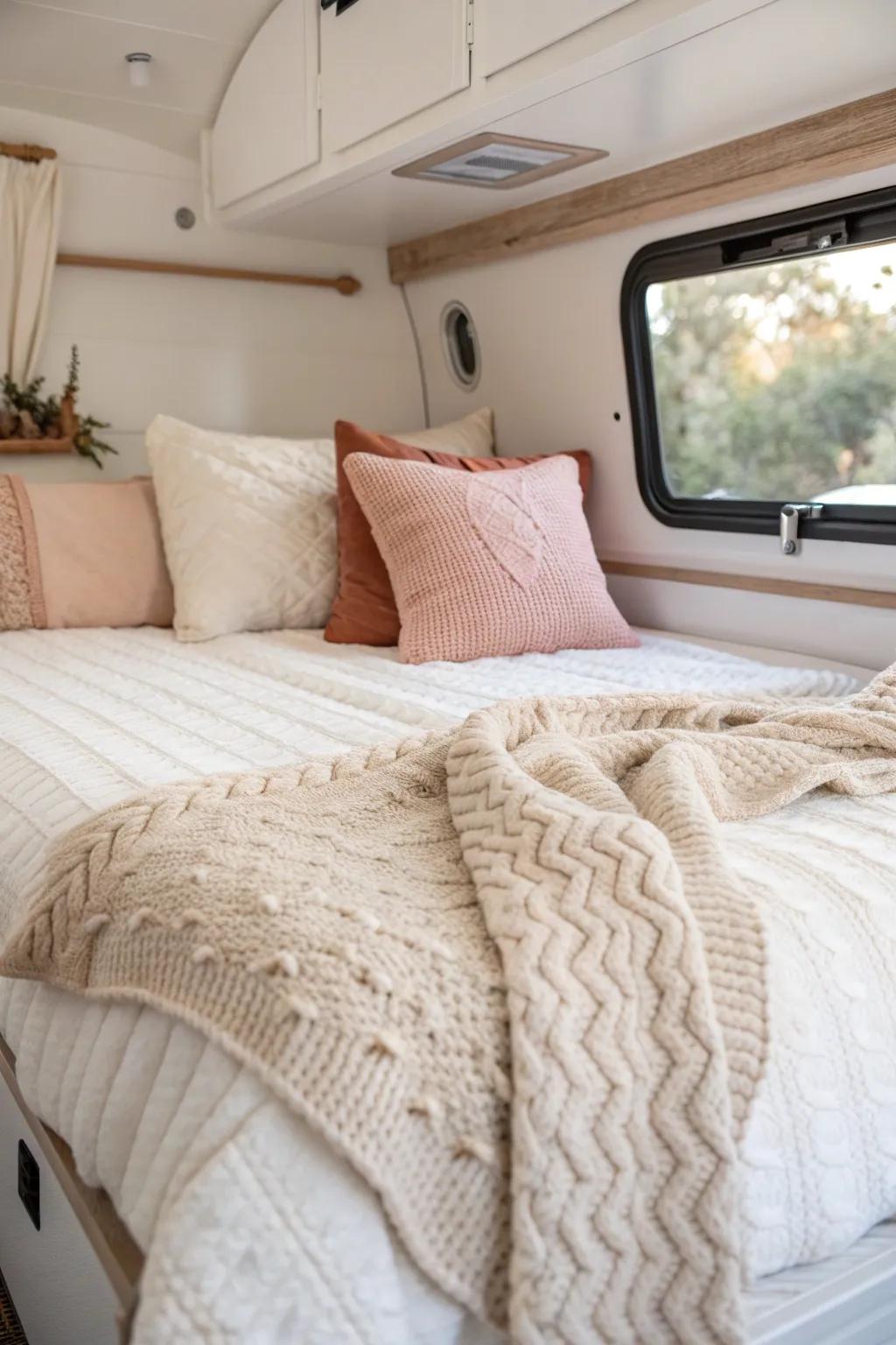 Turn your RV bed nook into a boutique retreat with layered quilts, throws and textured pillows.
