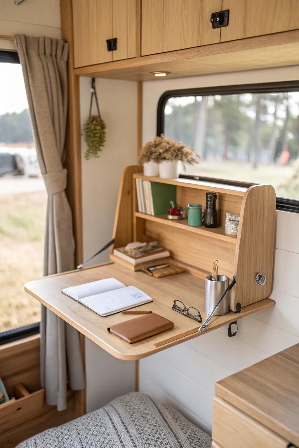 A slim drop-leaf wall desk keeps your RV floor clear and ready for travel days.