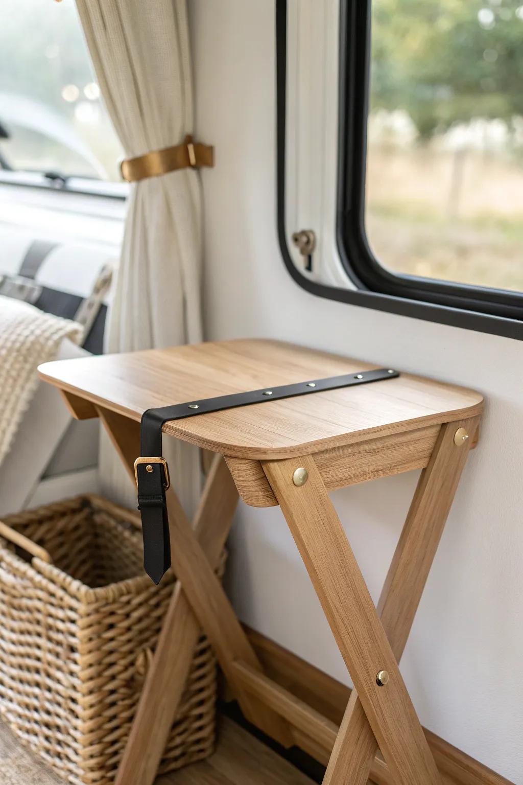 Handmade oak folding table you can stow—clear the floor and make your RV feel instantly bigger.