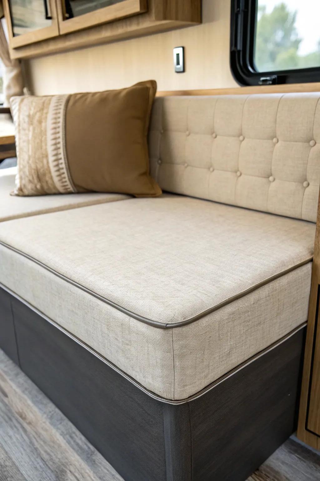 Budget-friendly neutral RV dinette cushion cover: washable, custom look with cozy texture.