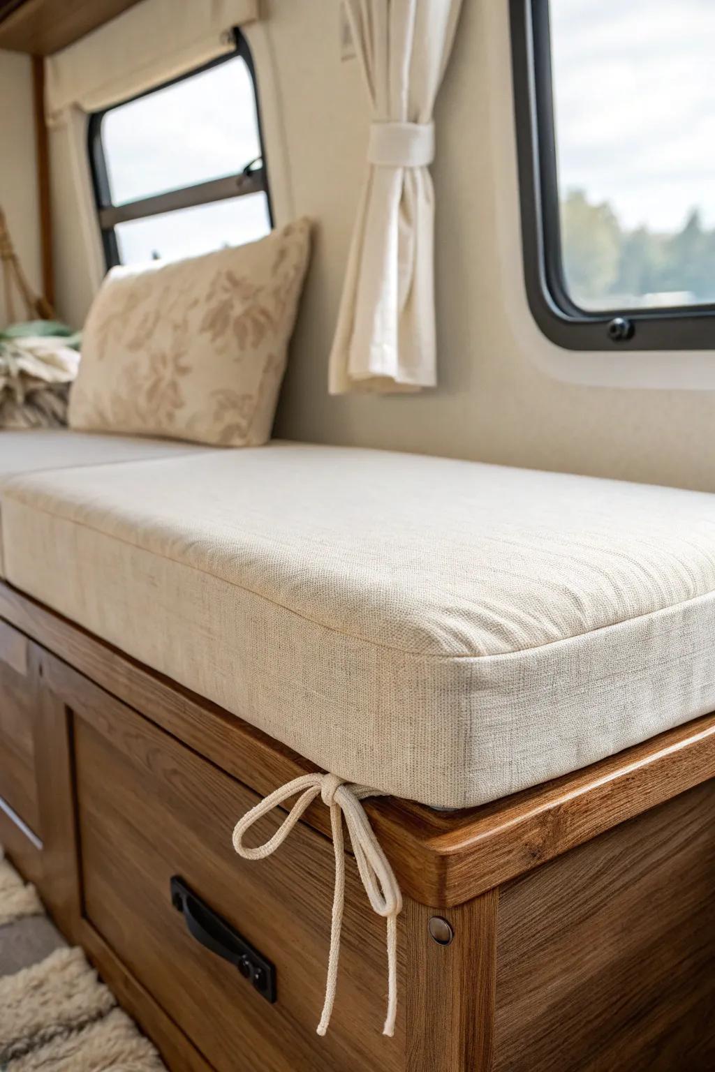 A simple linen slipcover instantly calms an RV seating nook—clean, cozy, and pulled together.