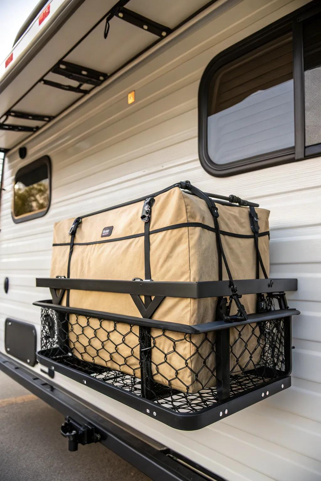 Rear hitch cargo rack + cargo net tote: keep bulky extras outside and free up RV floor space.