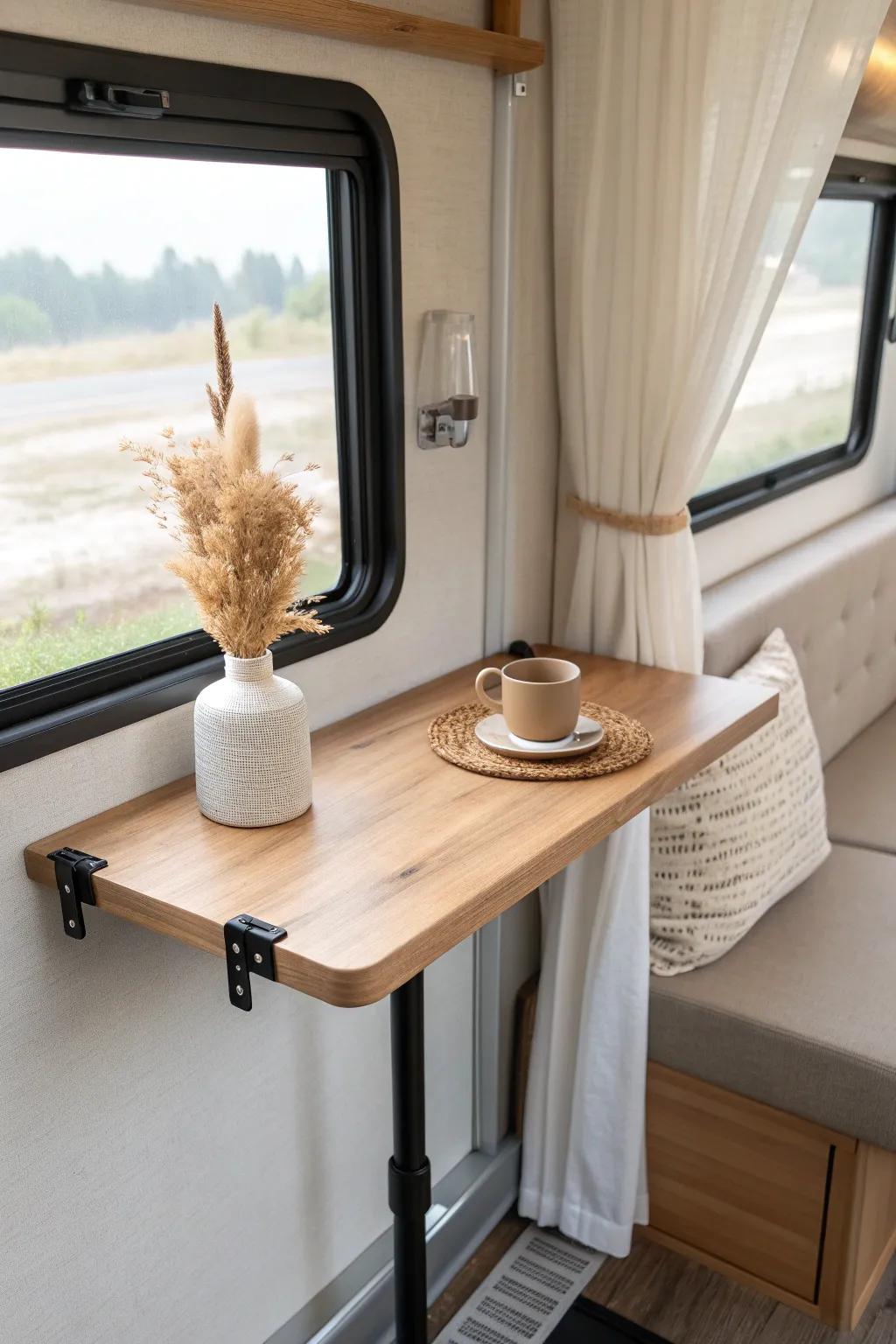 A slim window bar table keeps RV sightlines open—perfect for coffee with a view.