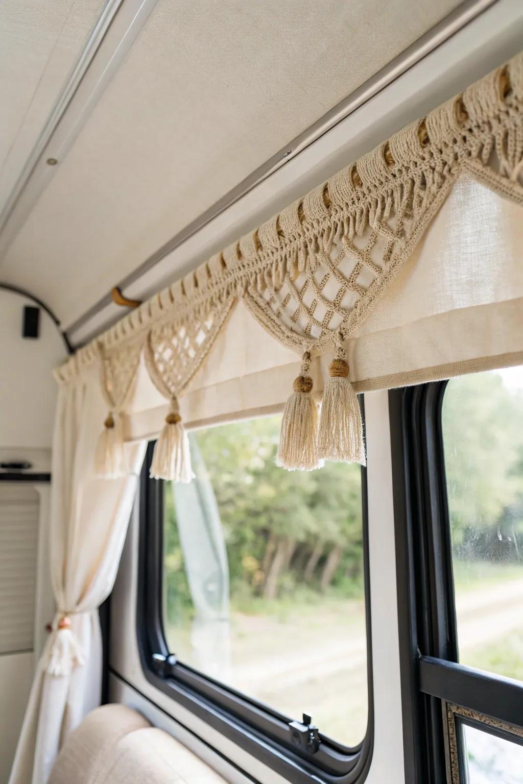 A simple linen valance adds softness and a homey, room-like feel to any RV window.