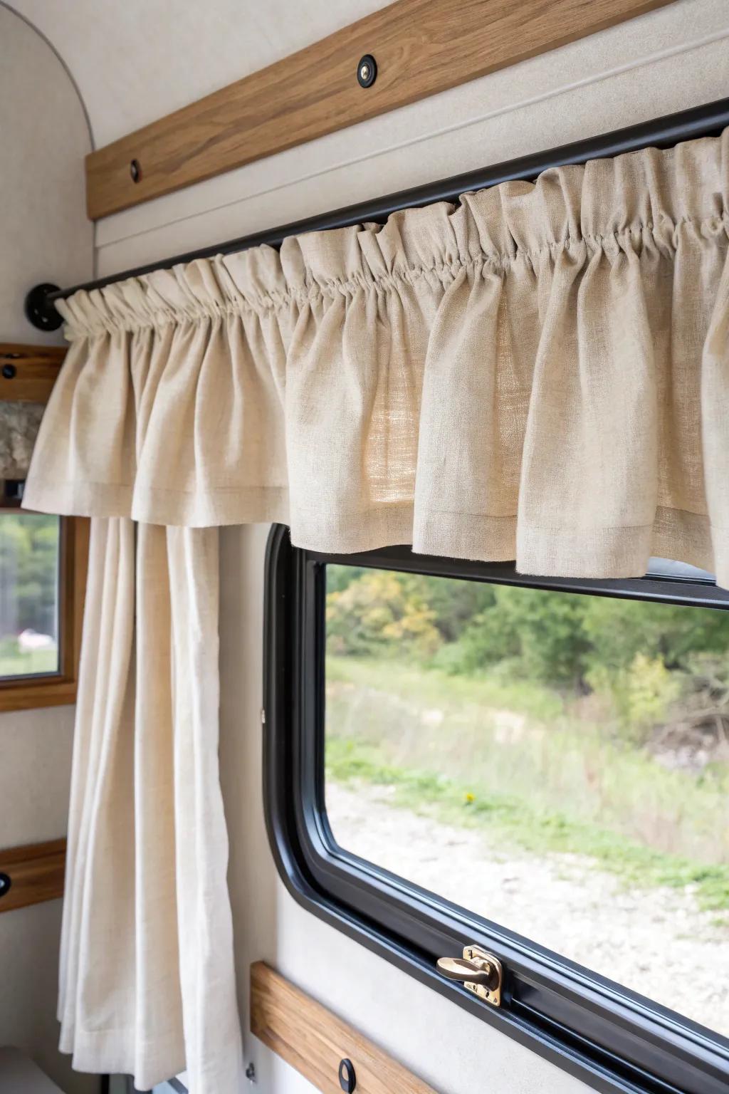 Relaxed linen pleats make an RV window feel like home—pin, test the folds, then sew with ease.