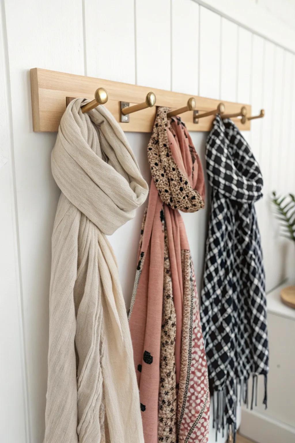 Repurpose a belt rack as a sleek scarf organizer—patterns stay visible and beautifully tidy.