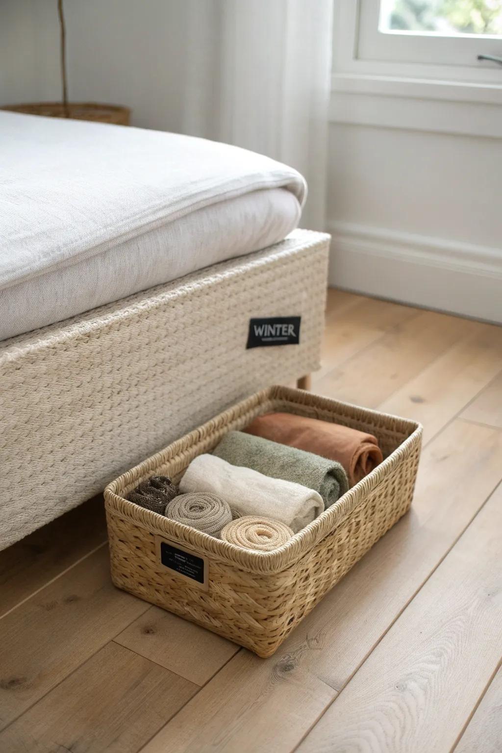 A shallow under-bed box keeps off-season scarves rolled, labeled, and easy to grab.