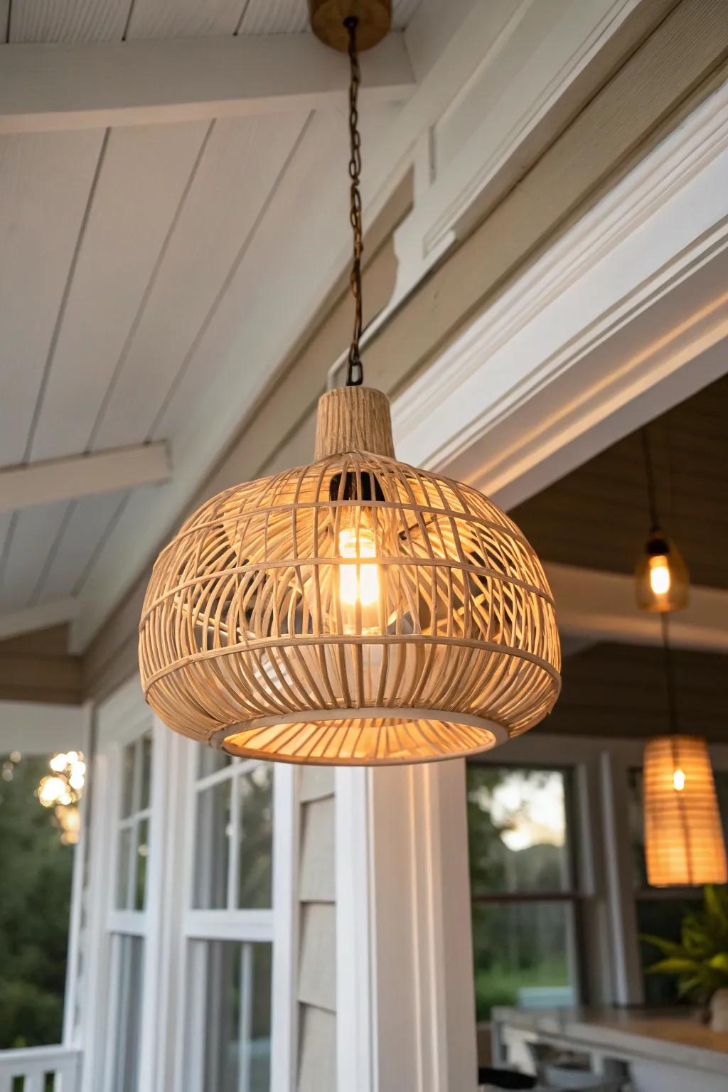 Warm woven pendant light turns a screened-in mobile home porch into a cozy evening room.