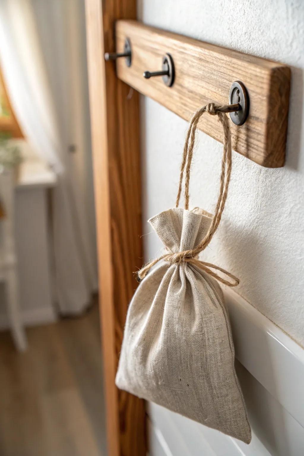 A linen scent sachet on an oak hook rail—subtle fragrance for a cozy sensory hallway.