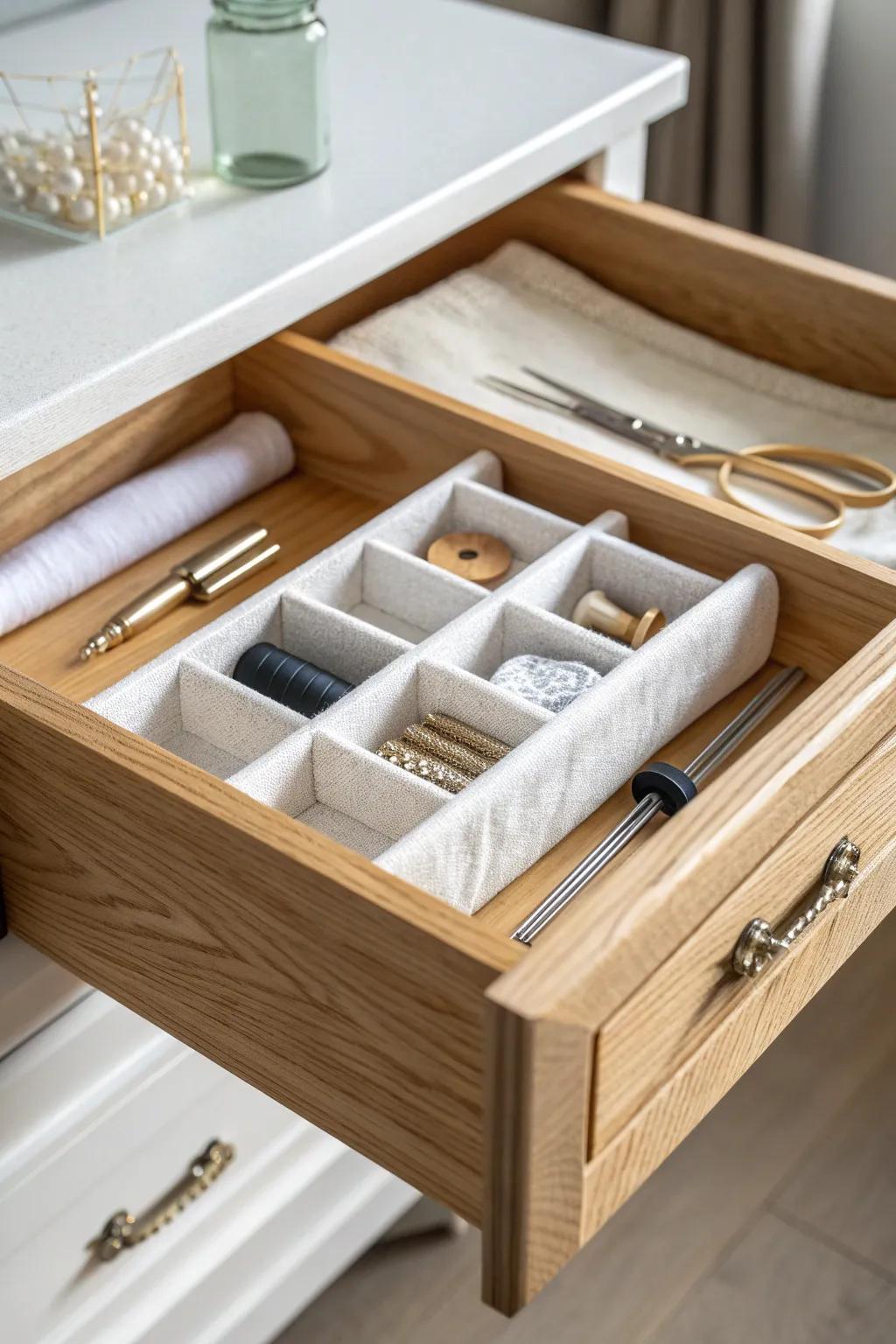 A simple drawer divider turns tiny sewing tools into a calm, ready-to-create setup.