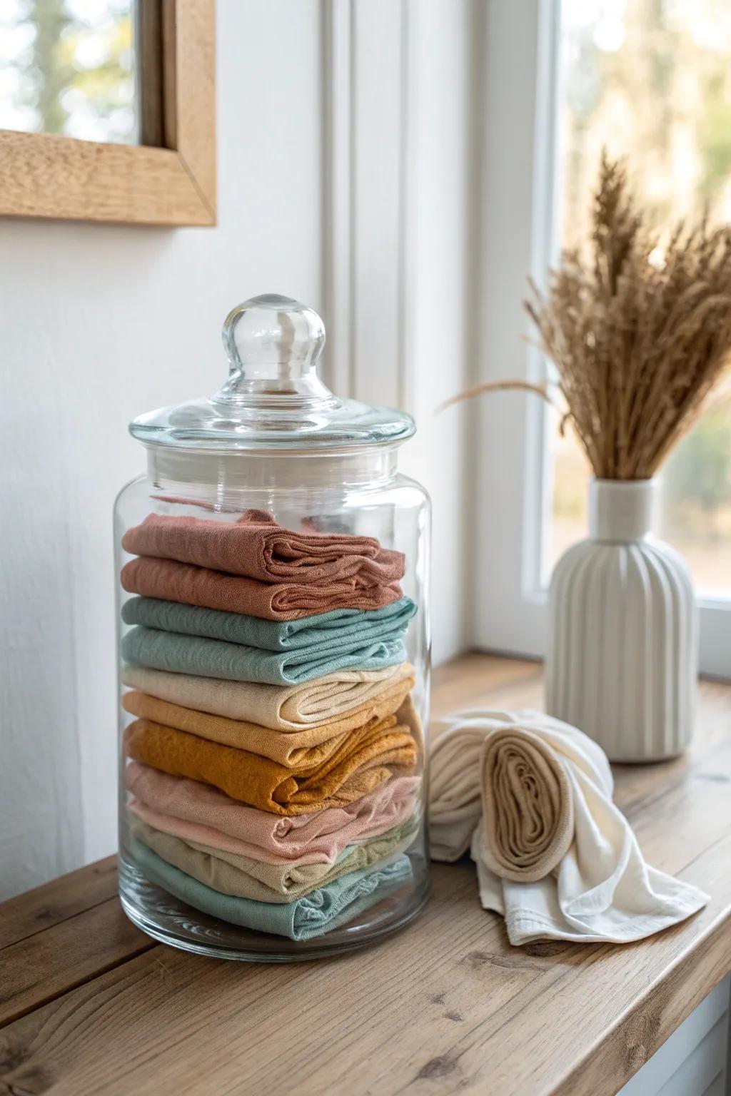 Sort sewing scraps by size and color—one pretty jar makes small-space organizing effortless.