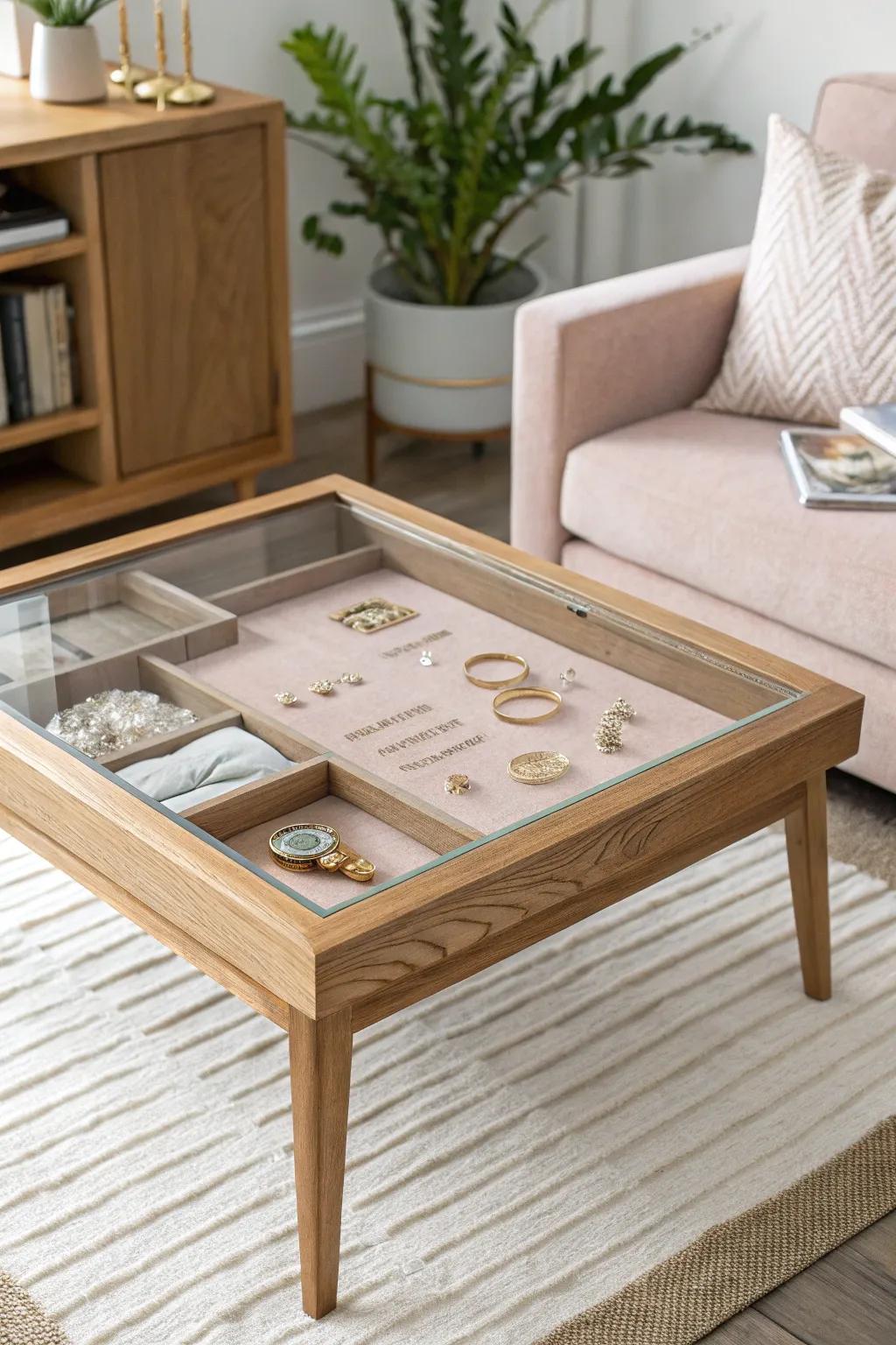 A shadow box coffee table turns jewelry into a boutique display—pretty, protected, and handy.