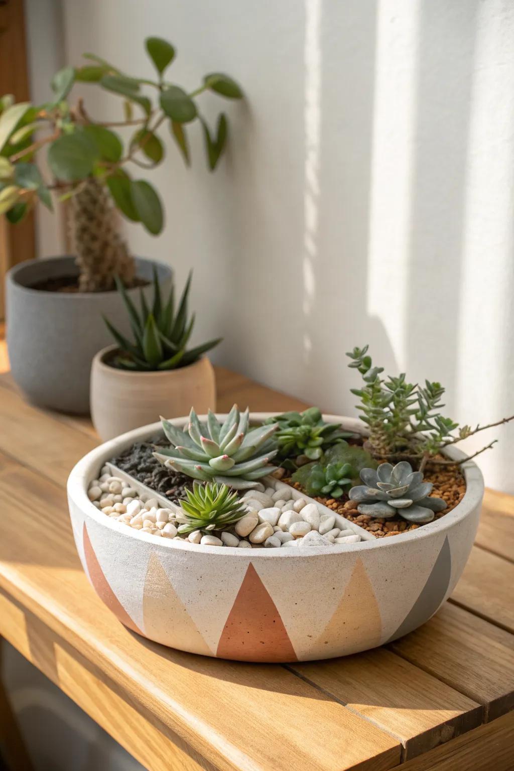 Modern shallow planter idea: succulents with chic color-block pebbles for artful small spaces.