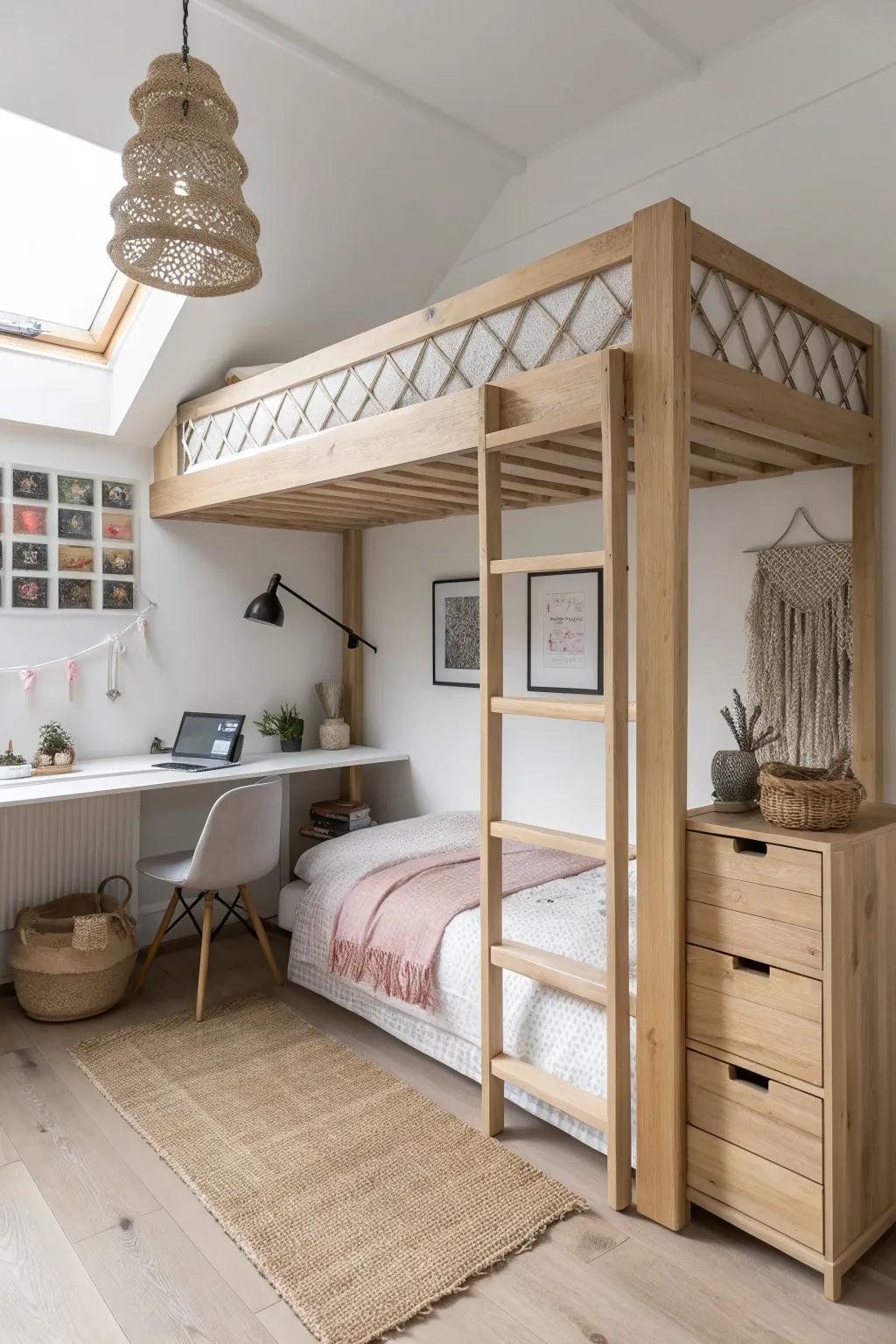 Loft bed with a cozy desk nook—smart shared-room solution for brother & sister in small spaces.