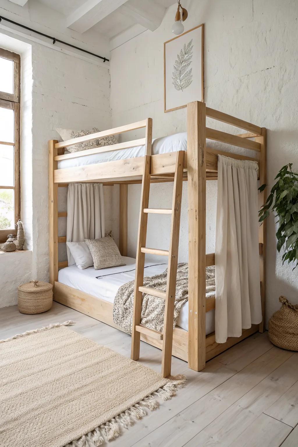 A loft bed with soft linen panels creates a calm, private nook—perfect for shared small bedrooms.