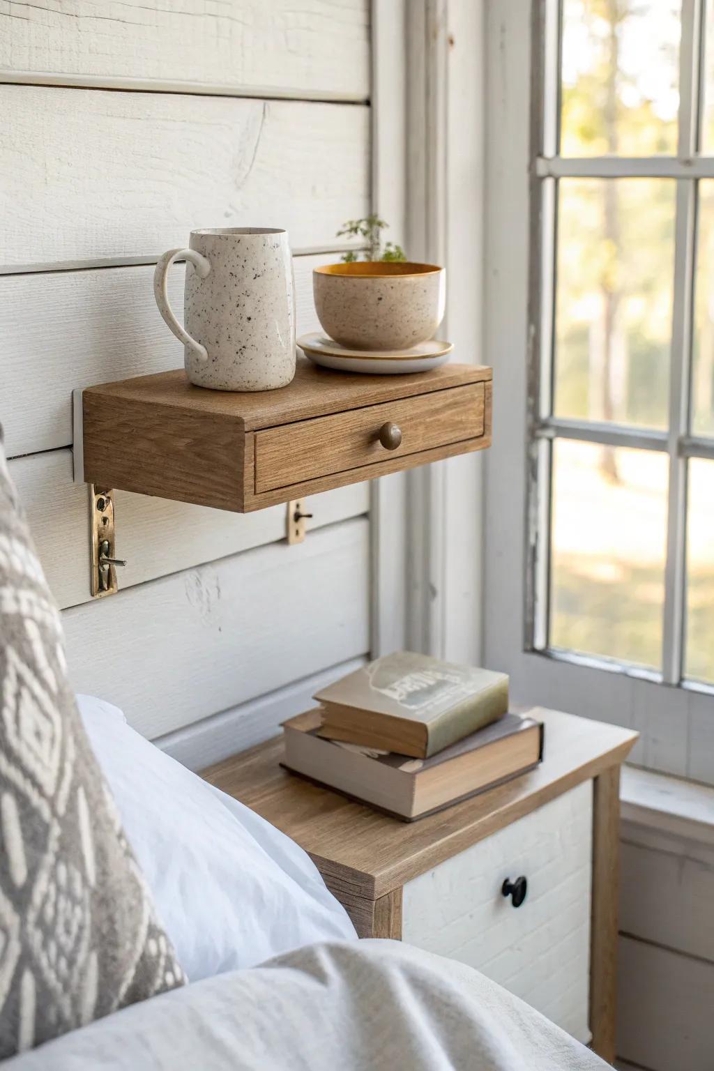 A slim floating shelf nightstand adds style and storage without stealing precious shed floor space.