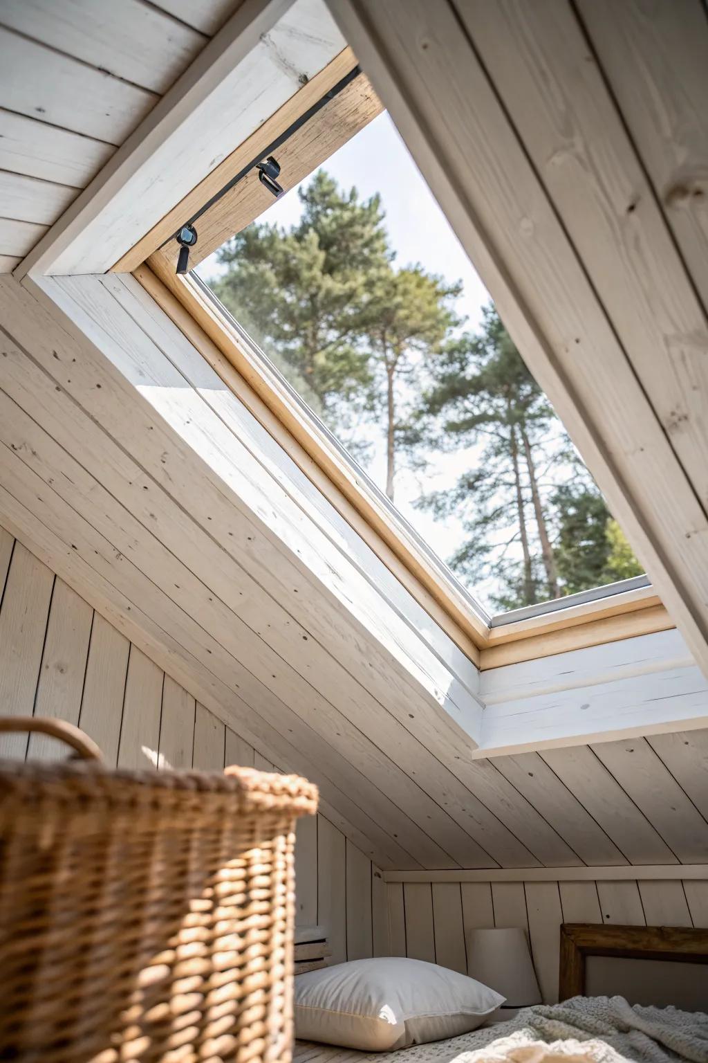 A simple skylight floods a shed cabin with soft daylight, instantly making it feel calm and bigger.