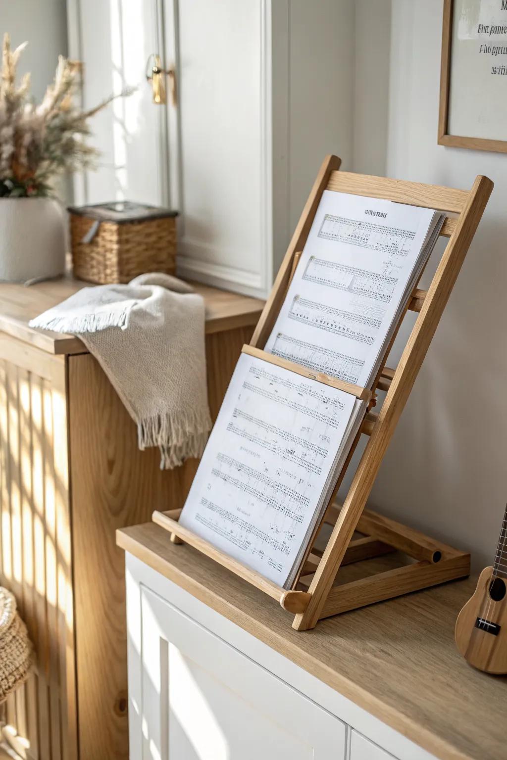 Turn a closet shelf into a calm music zone—vertical holders keep sheet music neat and hidden.