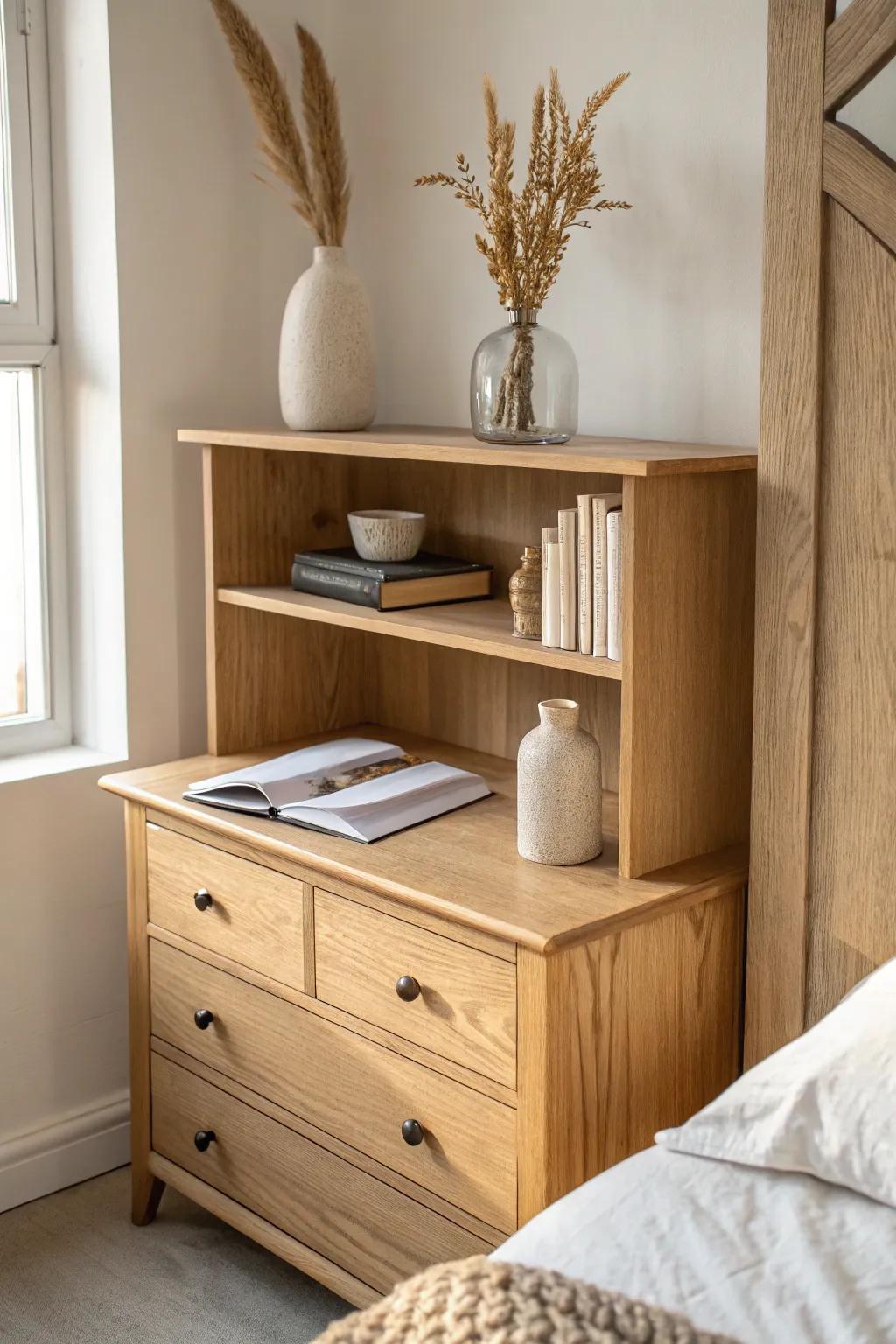 A dresser-top riser turns one surface into two—an easy “bonus shelf” without wall mounting.