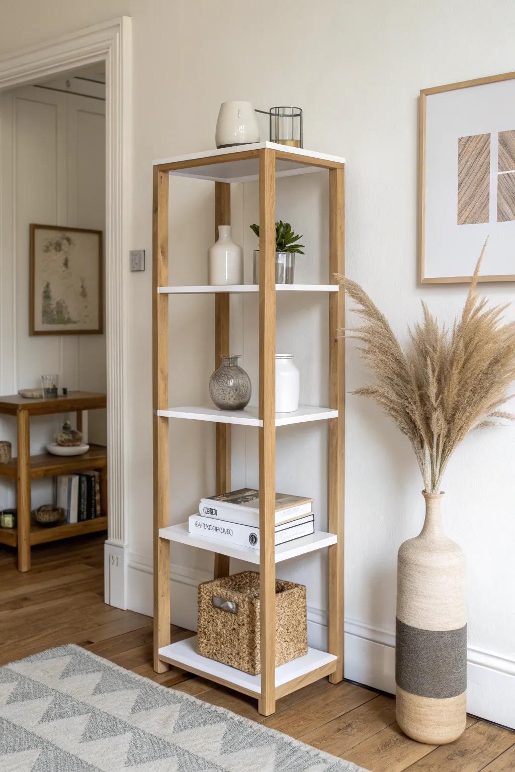 Expandable modular shelves: start small, add modules later—minimal, airy storage for living rooms.