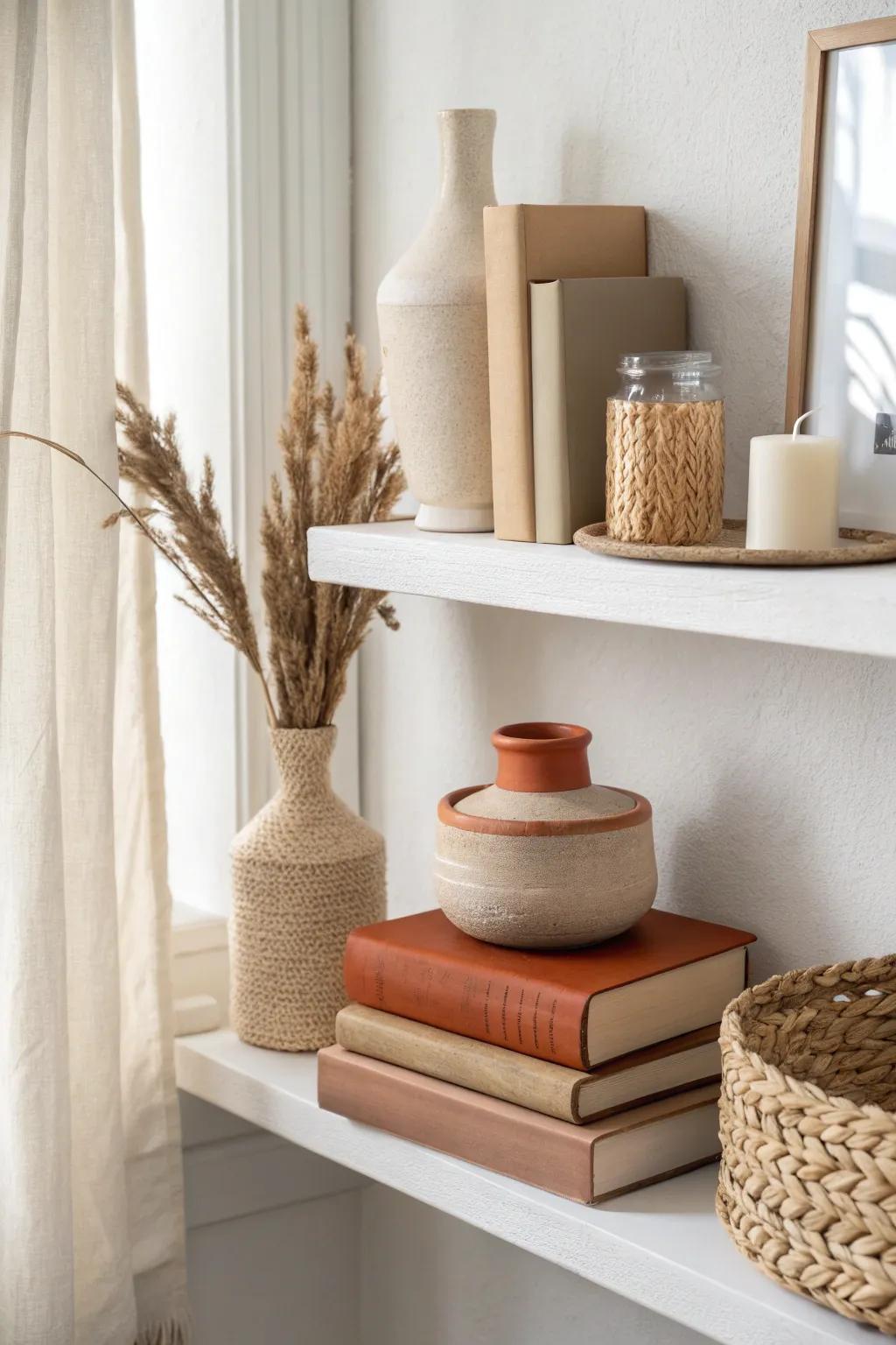 Color-block one shelf: warm neutrals with a single terracotta accent for instant calm.