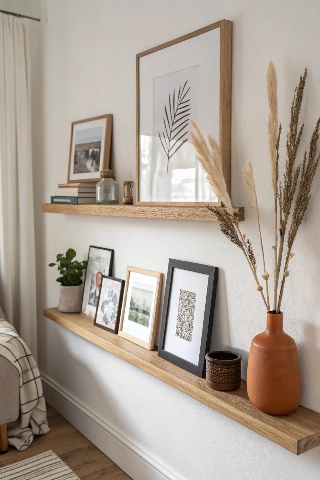 Layered art on a slim oak picture ledge—instant gallery look, zero clutter for small living rooms.