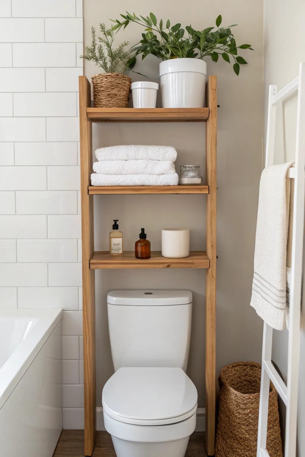 Over-the-toilet wall shelves that hide extras in matching boxes—minimal, calm, clutter-free.