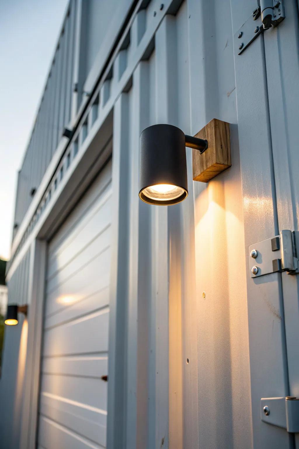 A warm entry floodlight makes a shipping container doorway feel safer, brighter, and more welcoming.