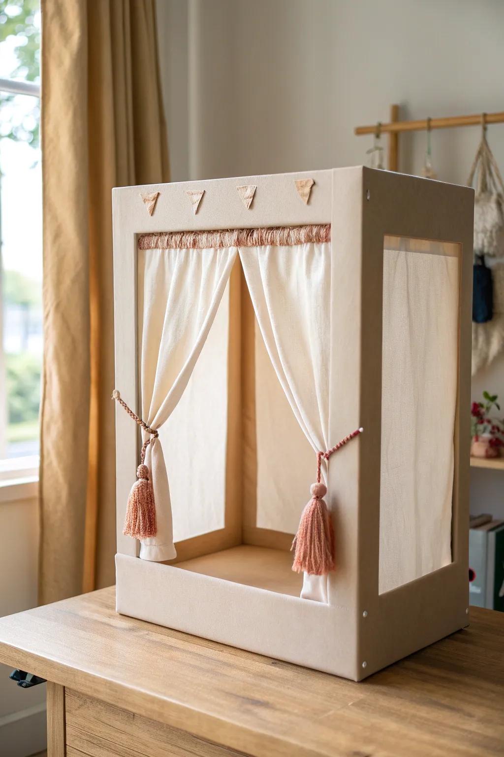 DIY shoebox puppet theater stage with a linen curtain—folds flat and feels truly handmade.