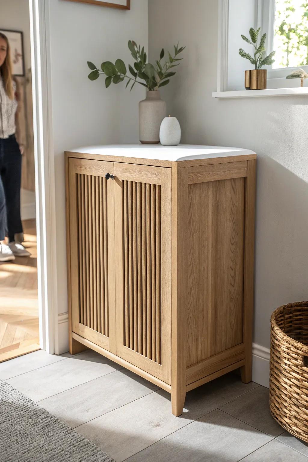 Turn an awkward corner into chic shoe storage with a slim, space-saving cabinet.