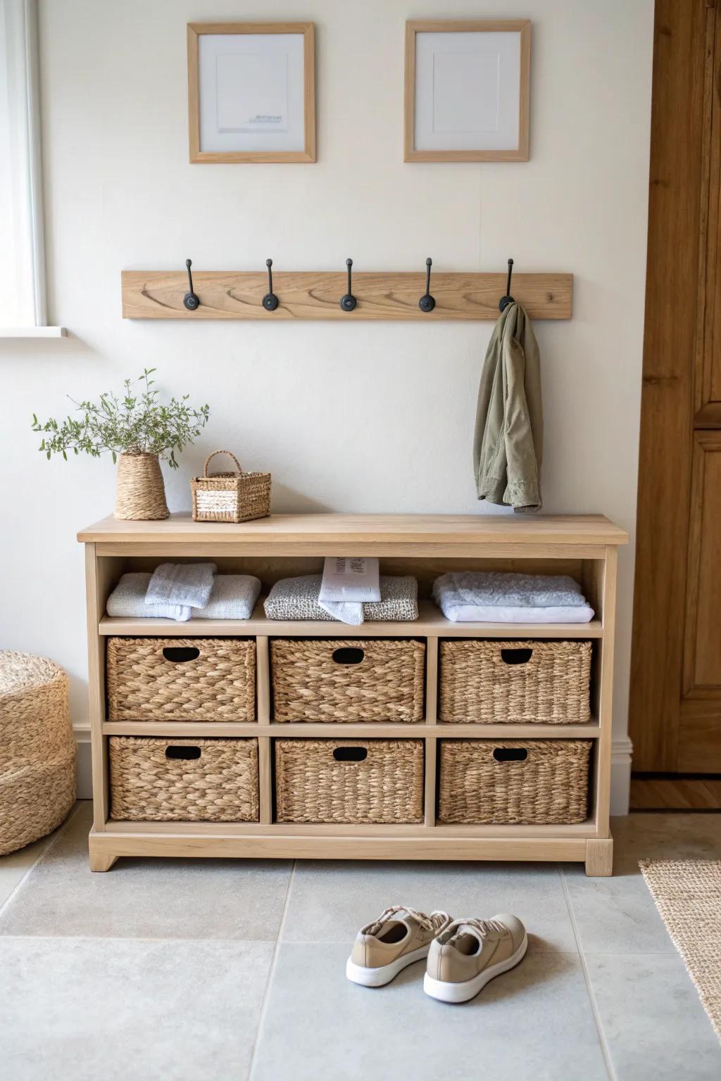 Kid-height shoe station: one bin per child + simple hooks to keep the entryway calm.