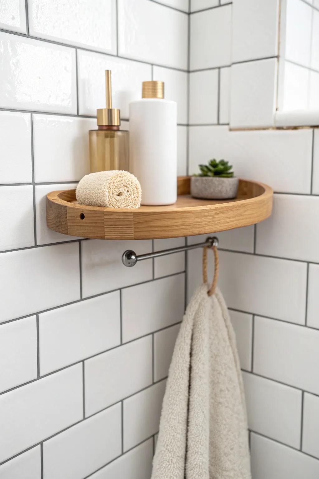 Corner shower shelf with integrated hooks—keeps essentials hung up and bottles neatly in place.