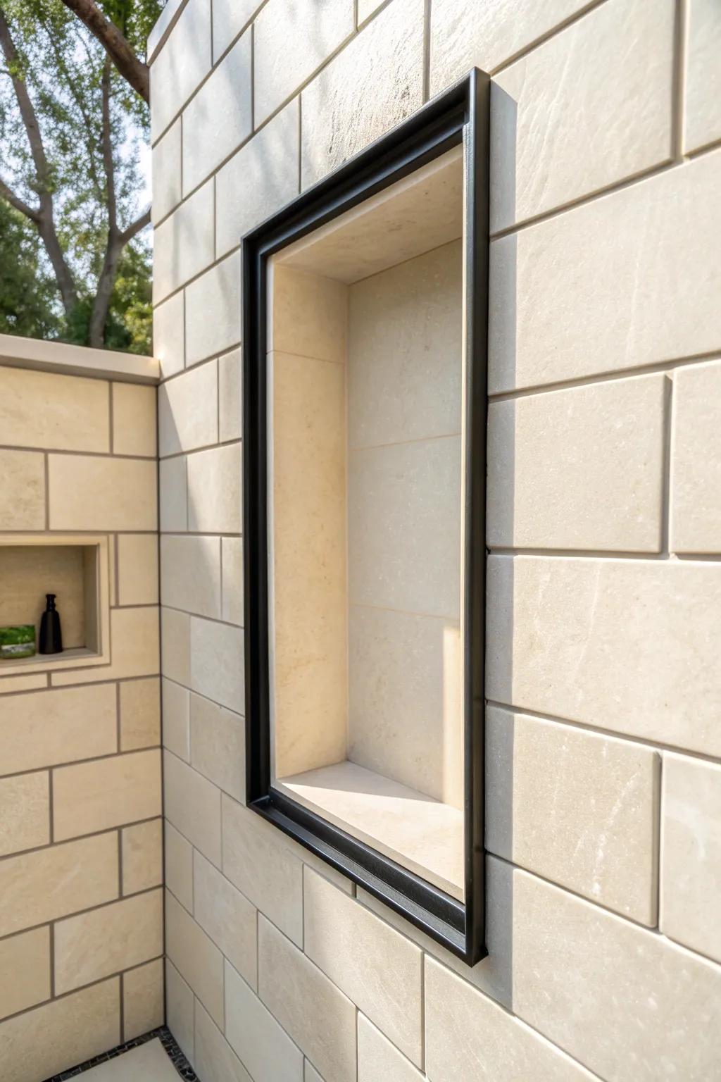 Matte black trim on creamy tile: a small shower niche detail with major pop, Scandinavian-clean.