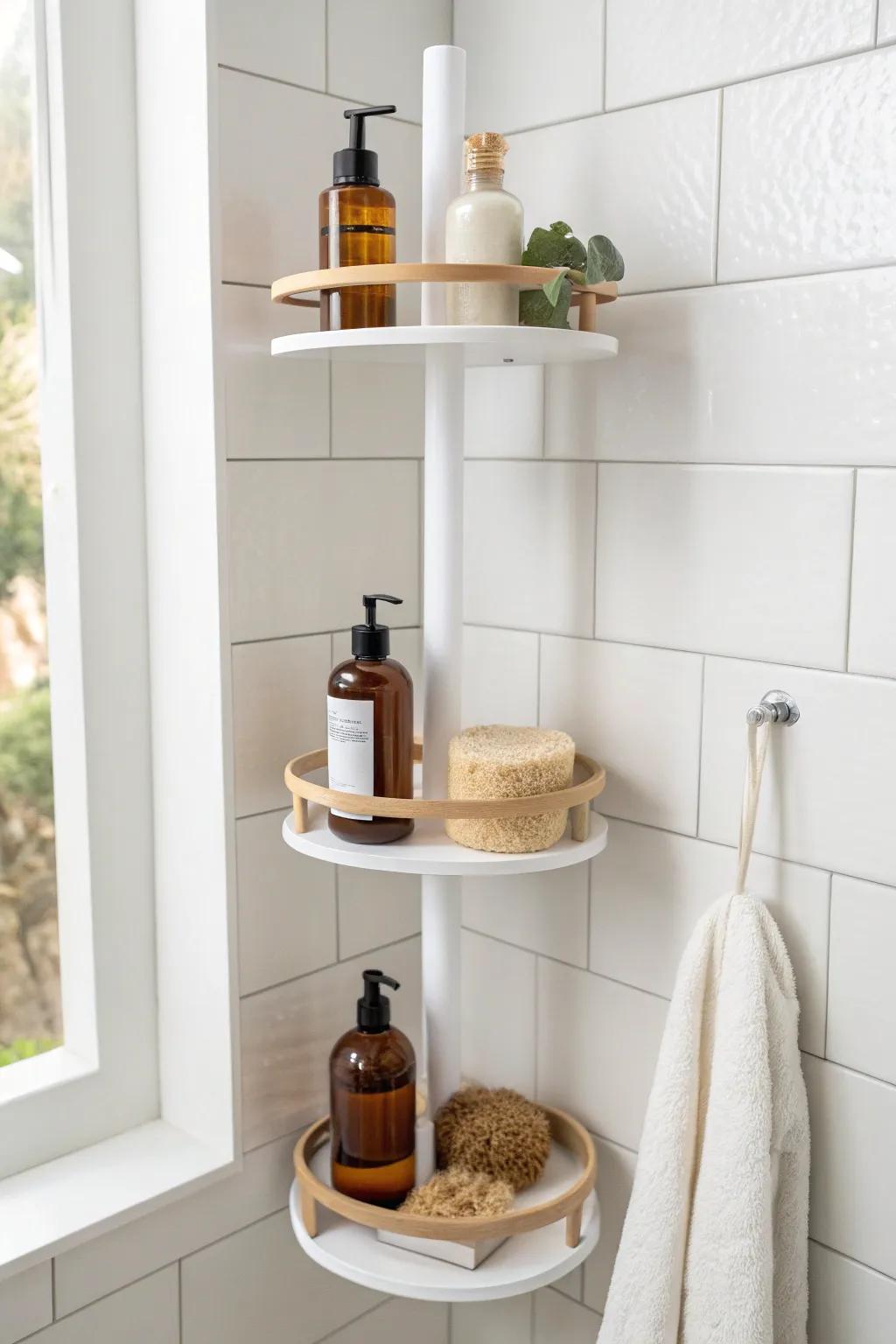 A slim tension-pole shelf tower creates tidy shower zones—perfect for tiny bathrooms.