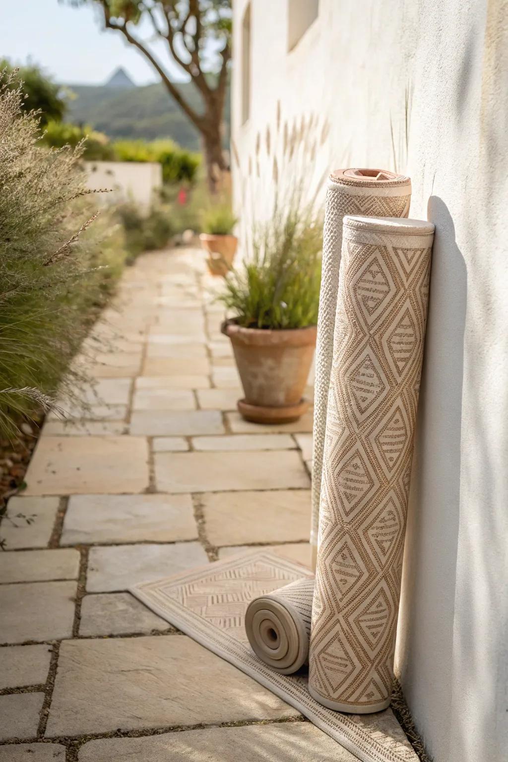 A simple outdoor rug instantly anchors a tiny side patio and makes it feel like a real lounge spot.