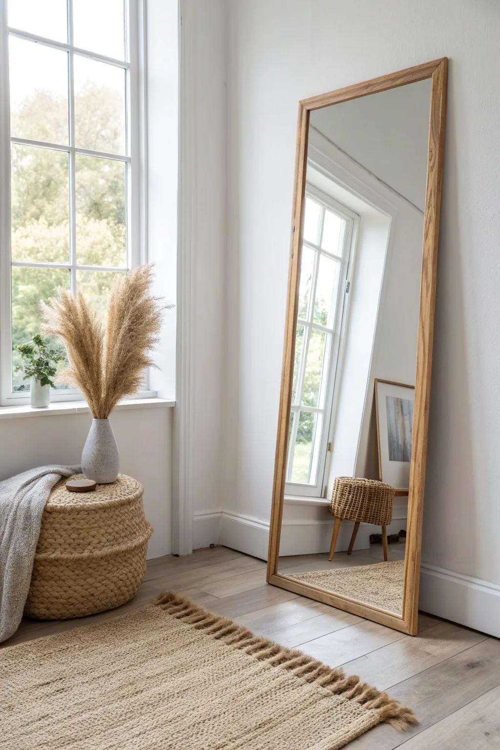 Lean a big mirror to bounce light and make a small living room feel instantly larger.