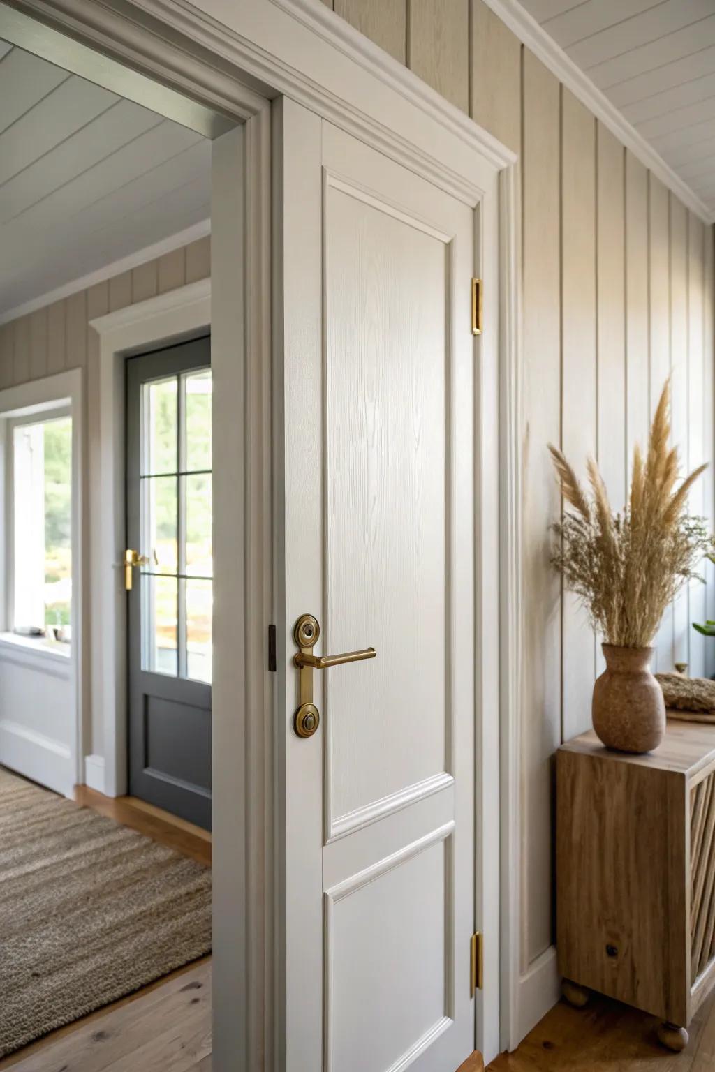 Same-color walls and trim, different sheens—an instant calm upgrade for narrow hallways.