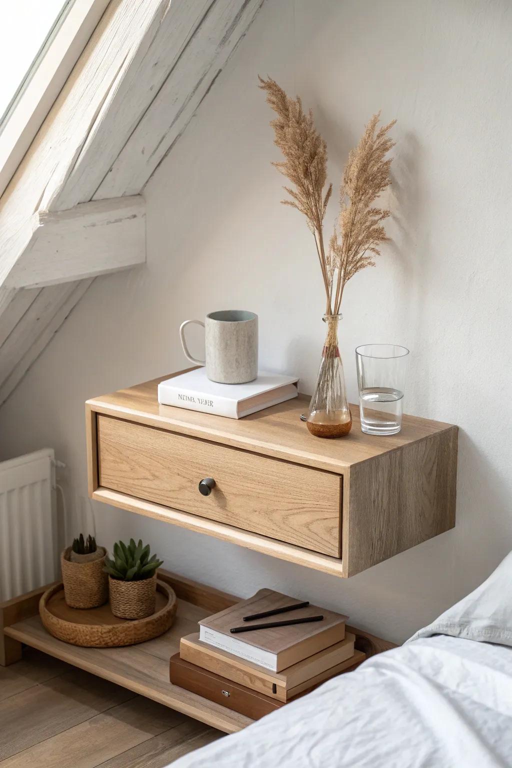 Floating nightstand shelf for slanted ceilings—airy storage without stealing floor space.