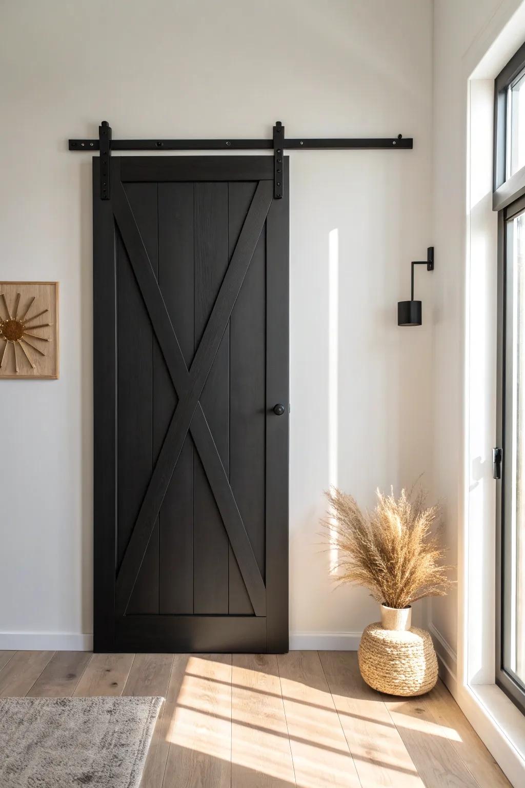 Matte black sliding door = instant focal point against bright walls—bold, clean, and timeless.