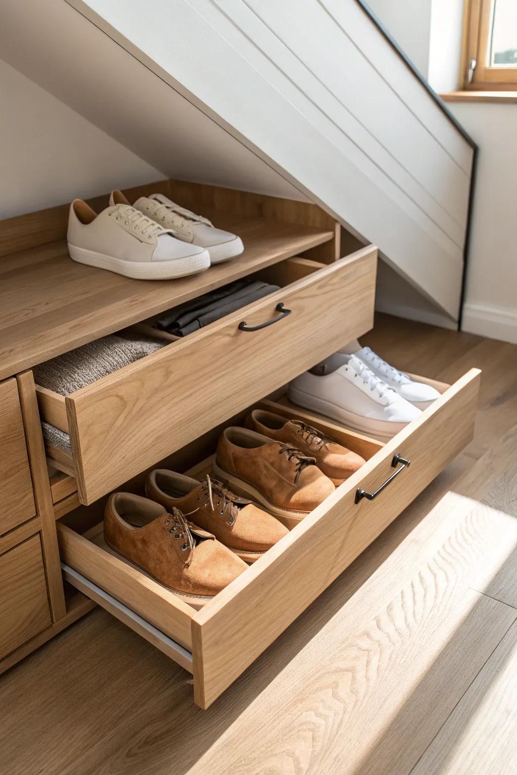 Pull-out shoe trays turn the lowest eaves space into a sleek, satisfying shoe zone.