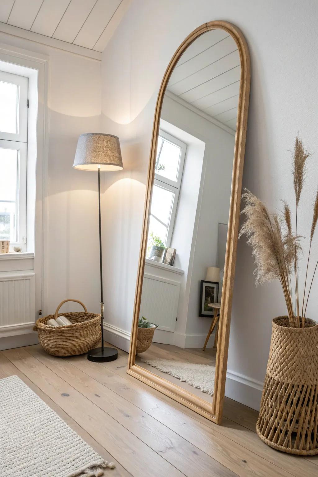 Lean a mirror opposite a lamp to bounce warm light and instantly brighten a small room.