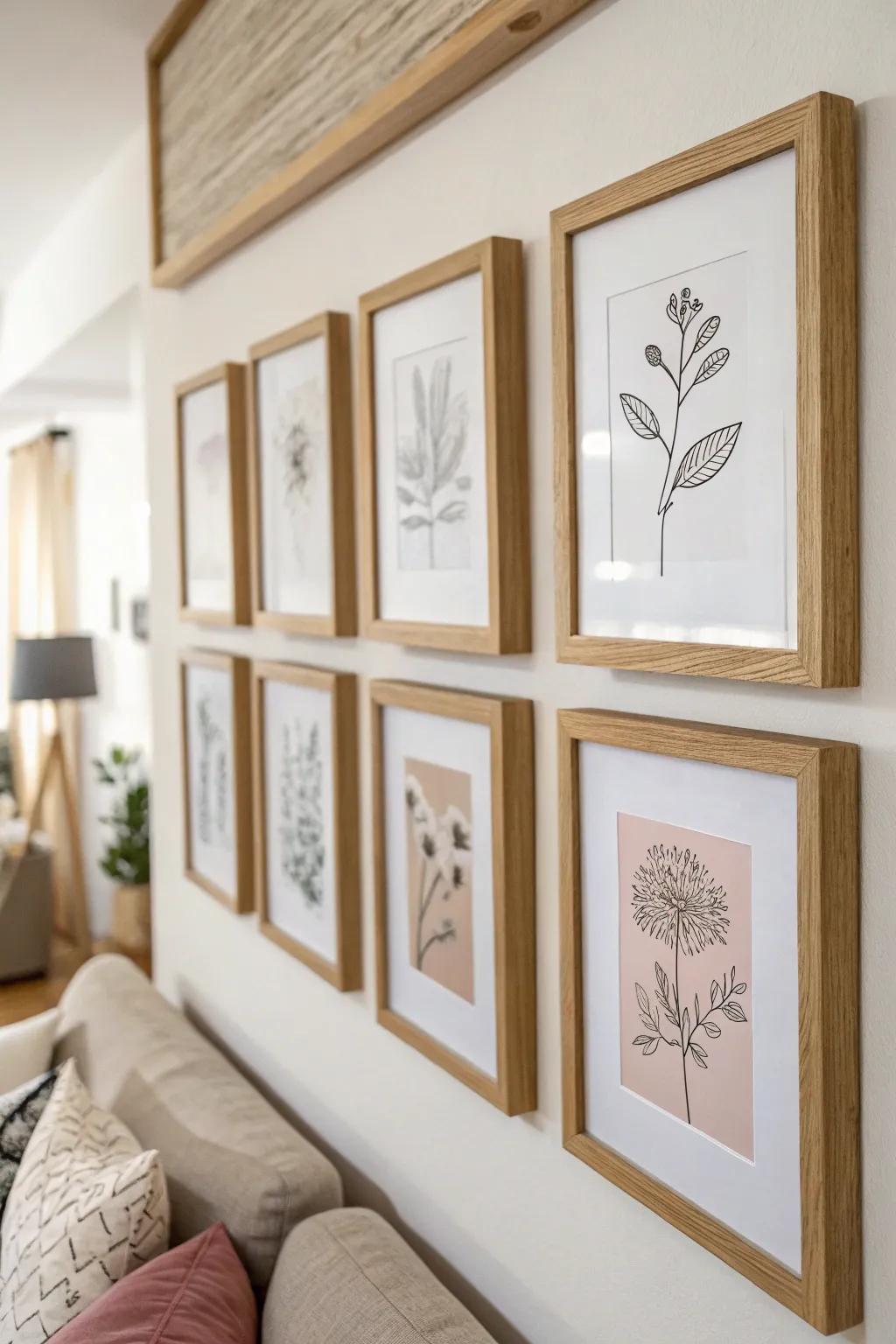 Budget gallery wall above the sofa: matching frames + calm prints for instant custom style.