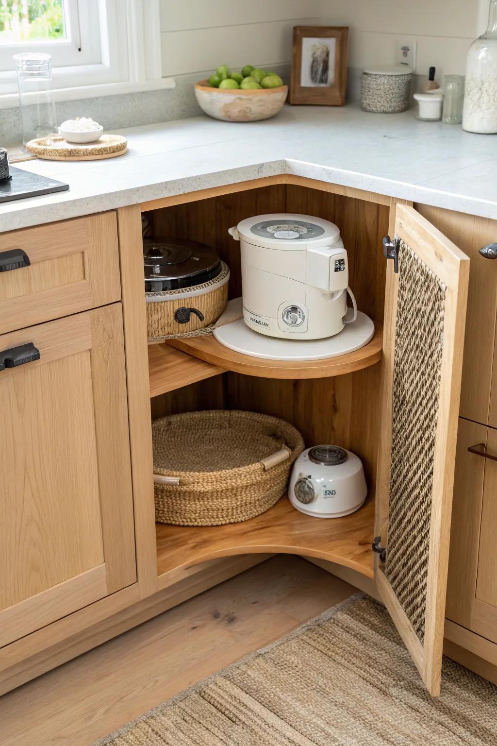 A corner-cabinet lazy susan makes small appliances easy to grab—spin, lift, done.