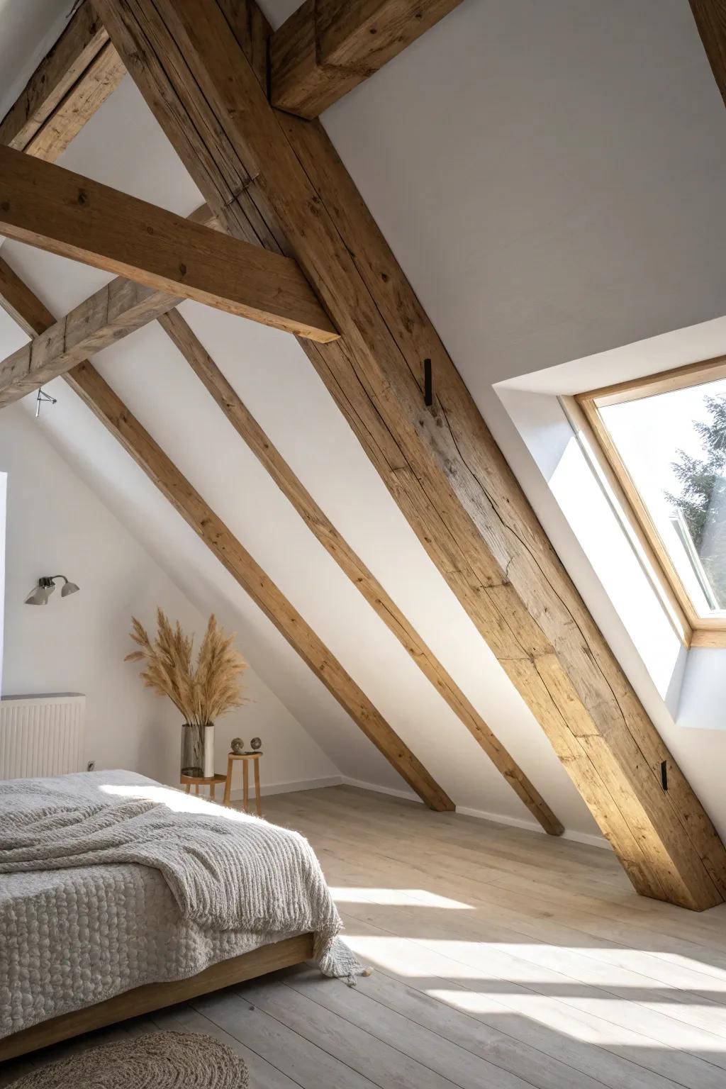 Let exposed attic beams steal the spotlight—simple styling makes the room feel warm and grounded.