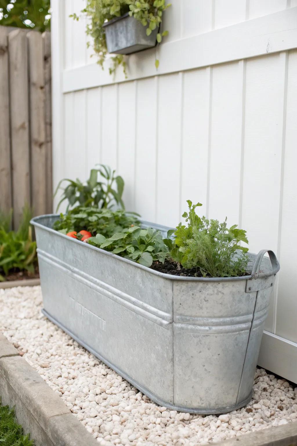 Modern metal trough planter—compact peppers and greens for a chic small backyard veggie nook.